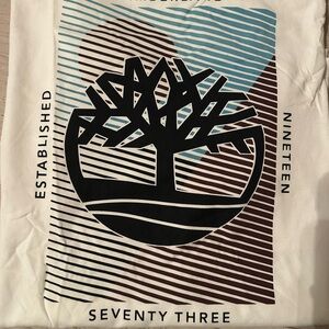 Timberland White Tee with Black and Blue Design
